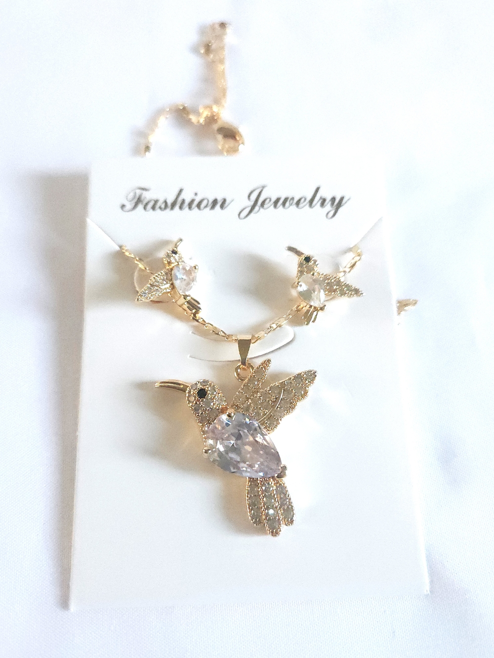 Gold Plated Hummingbird Pendant Necklace Set with Clear Crystals Fashion Jewelry